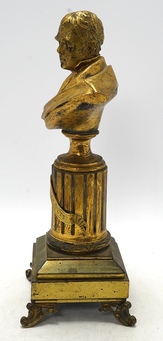 An early 20th century gilt metal bust of Sir Walter Scott on pedestal, 34cm. Condition - fair to good